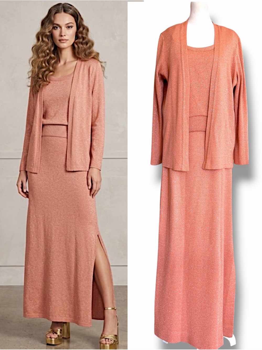 VTG 1970s Rona New York 3pc Metallic Lurex Maxi Set Sparkling Rose Gold M 10